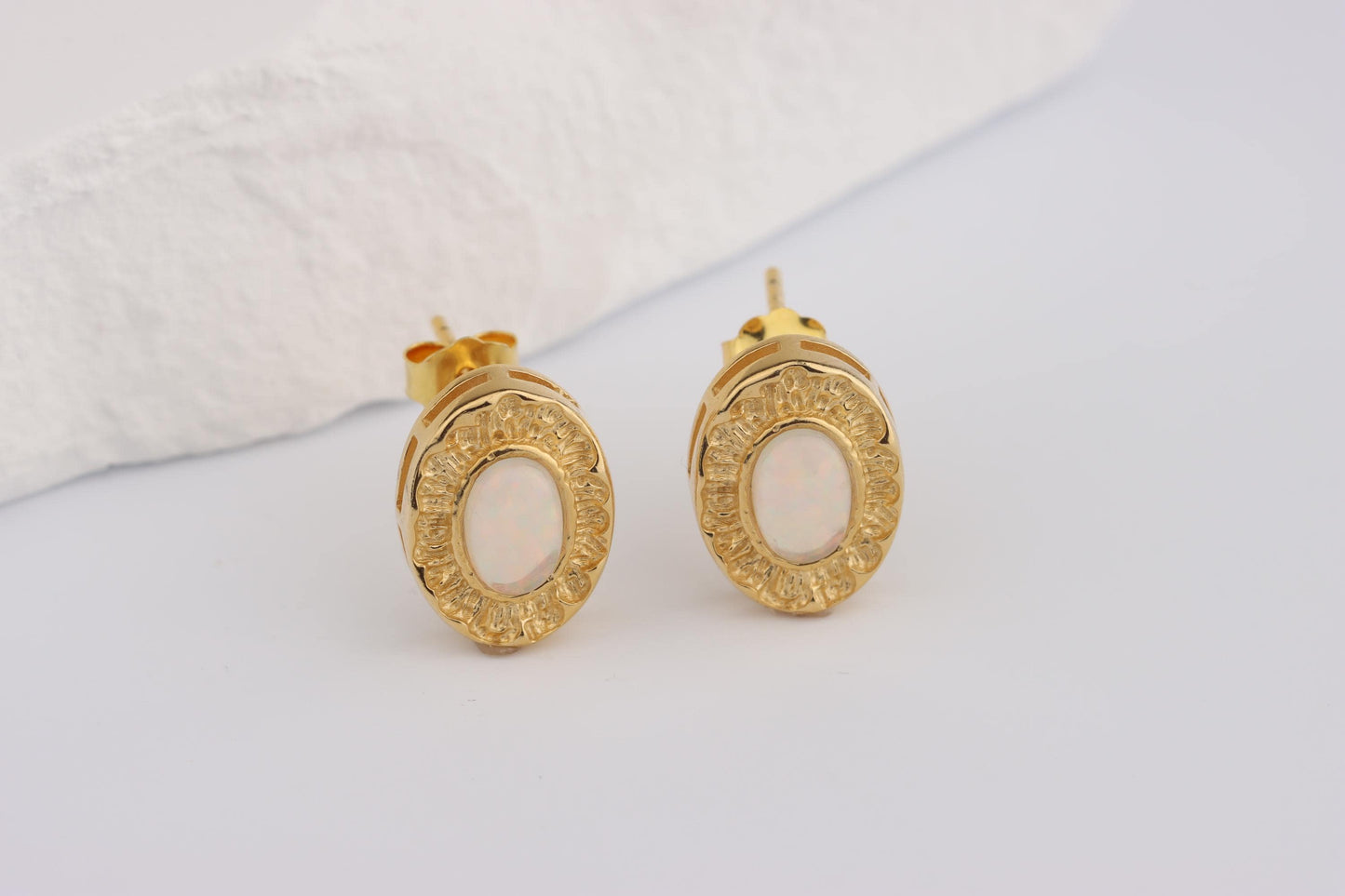 Sterling Silver 925 Gold Plated Textured Oval White Pink Opal Set Studs