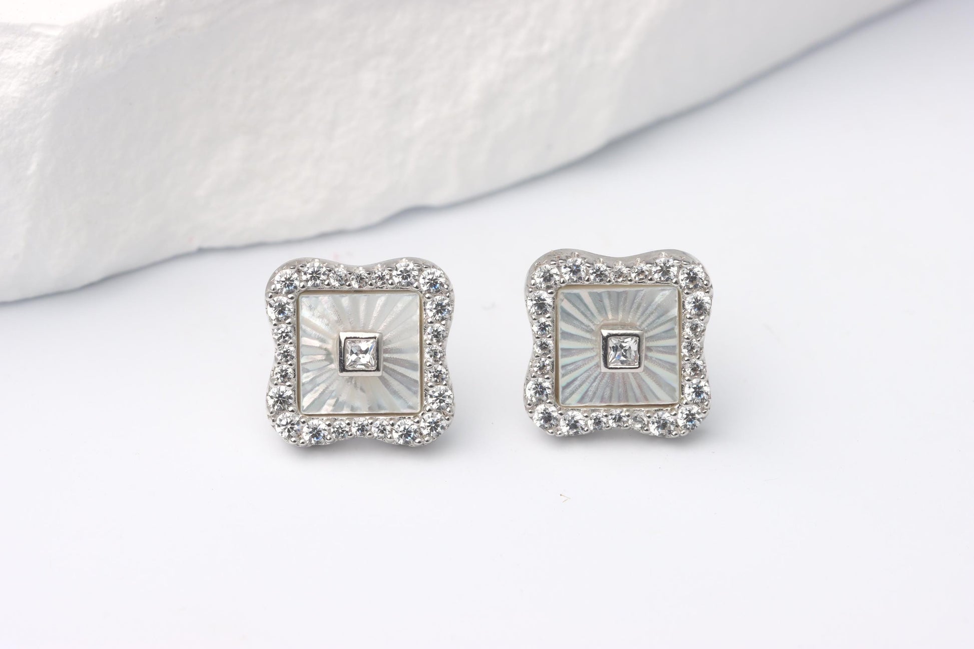 Sterling Silver 925 Square White Mother of Pearl Studs and Halo set CZs