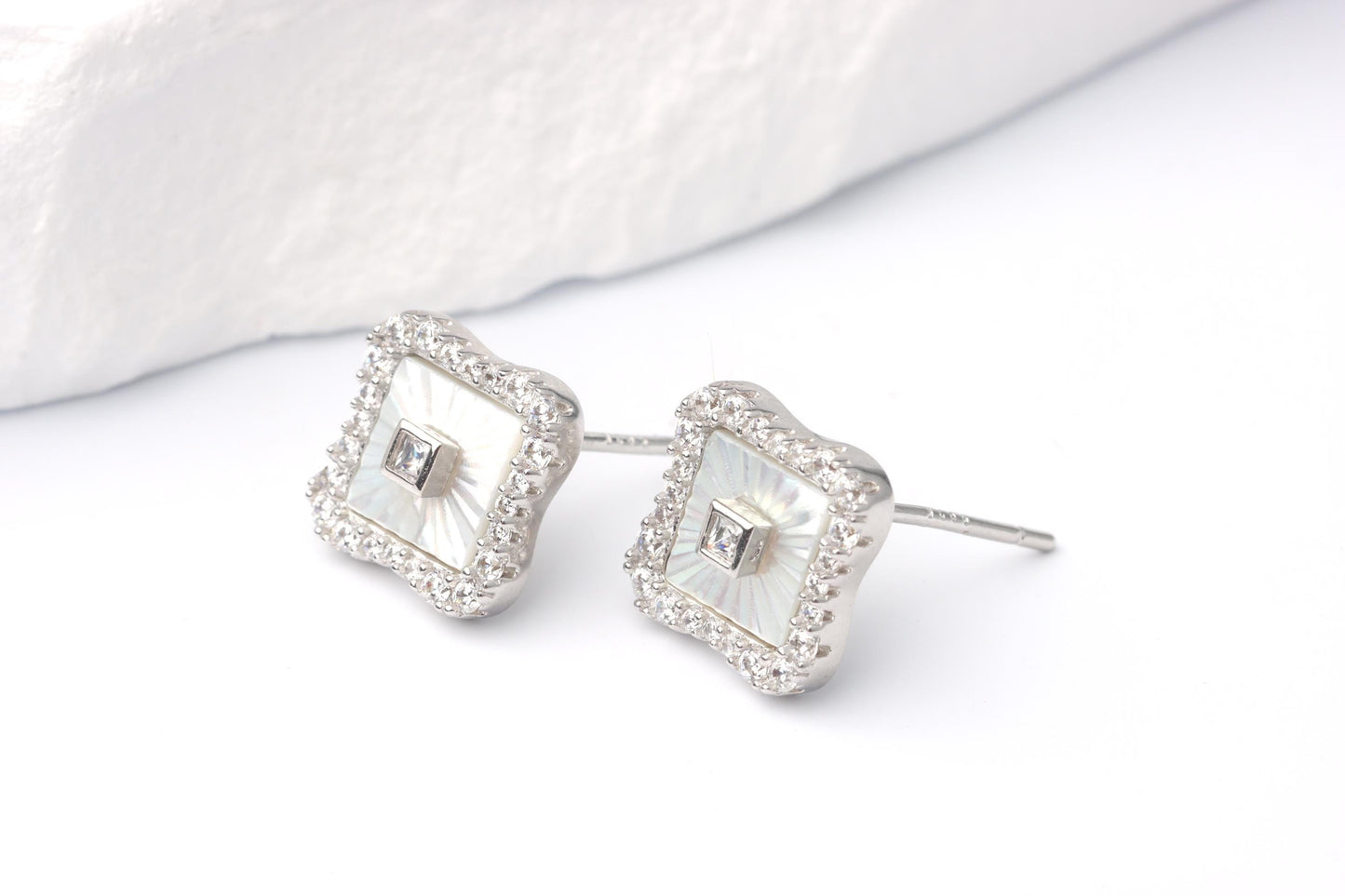Sterling Silver 925 Square White Mother of Pearl Studs and Halo set CZs