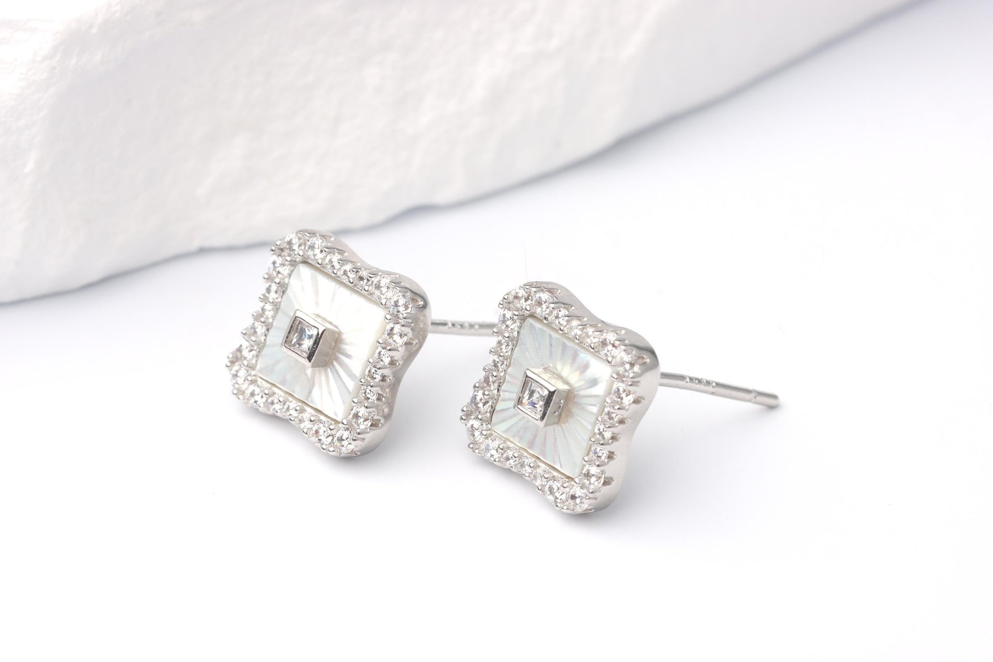 Sterling Silver 925 Square White Mother of Pearl Studs and Halo set CZs