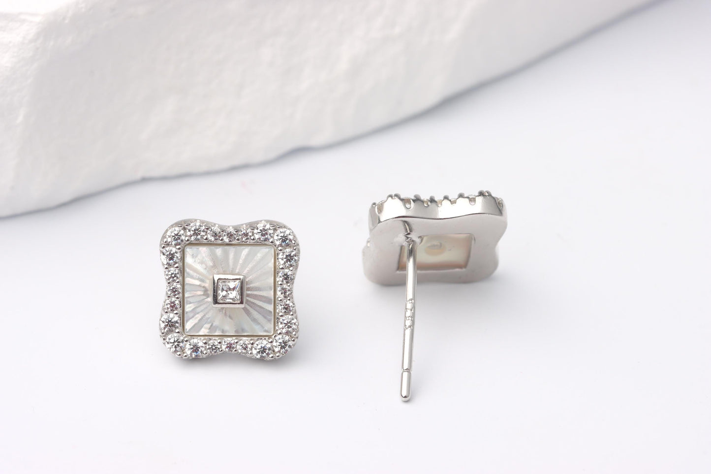 Sterling Silver 925 Square White Mother of Pearl Studs and Halo set CZs