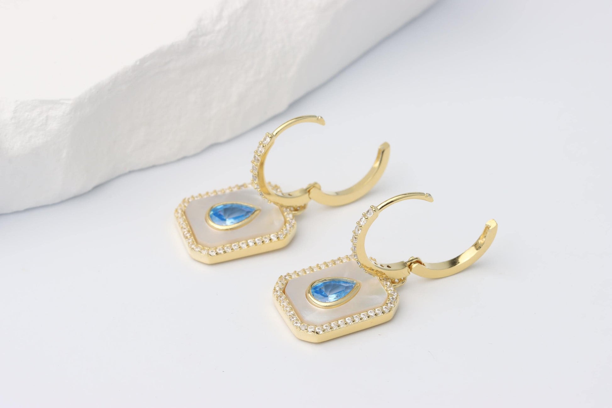Sterling Silver 925 Gold Plated Rectangular Mother of Pearl and Blue Teardrop CZ
