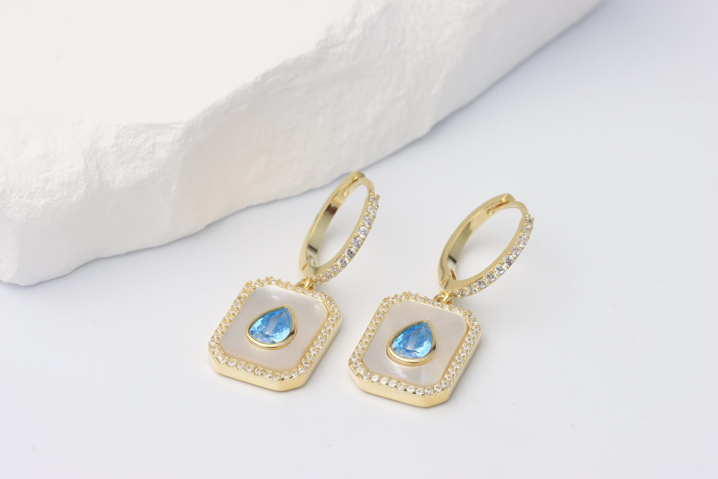 Sterling Silver 925 Gold Plated Rectangular Mother of Pearl and Blue Teardrop CZ