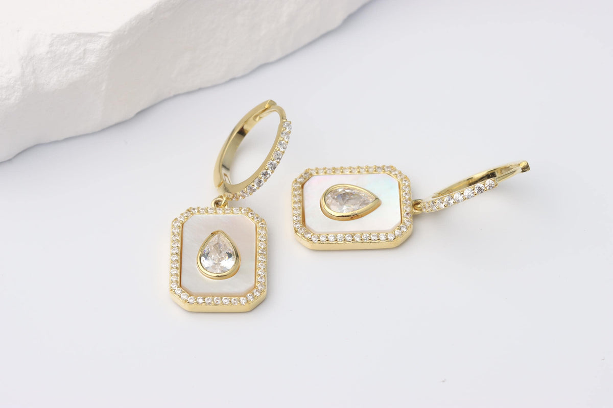 Sterling Silver 925 Gold Plated Rectangular Mother of Pearl and White Teardrop CZ