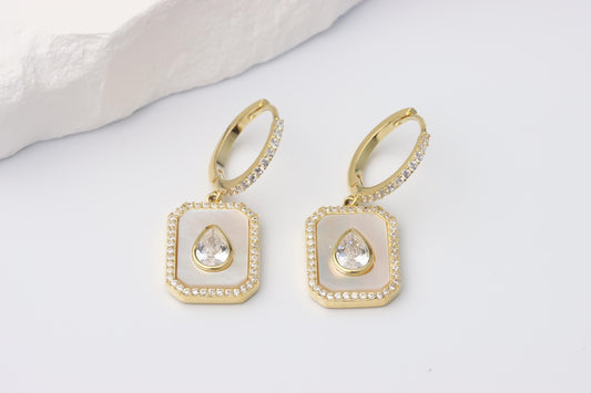 Sterling Silver 925 Gold Plated Rectangular Mother of Pearl and White Teardrop CZ
