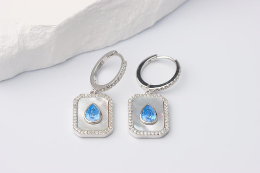 Sterling Silver 925 Rectangular Mother of Pearl and Blue Teardrop CZ