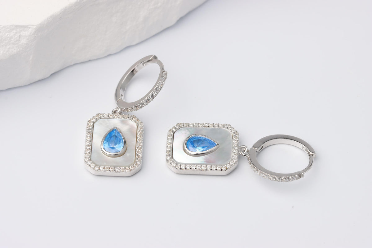 Sterling Silver 925 Rectangular Mother of Pearl and Blue Teardrop CZ