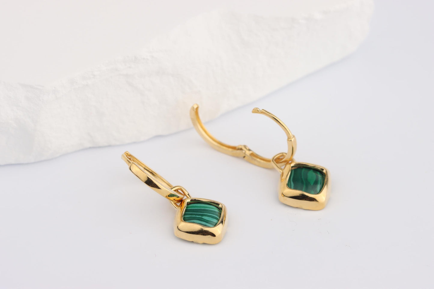 Sterling Silver 925 Gold Plated Hoops with Green Square Malachite Dropper