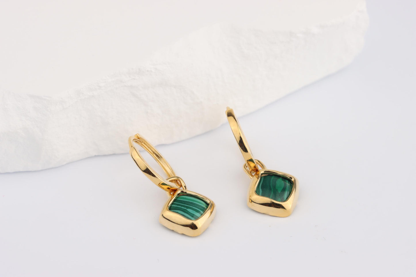 Sterling Silver 925 Gold Plated Hoops with Green Square Malachite Dropper