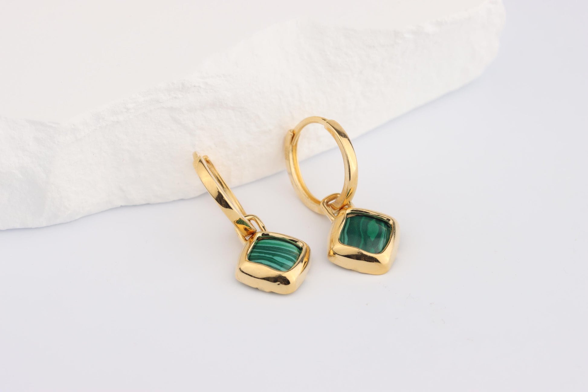 Sterling Silver 925 Gold Plated Hoops with Green Square Malachite Dropper