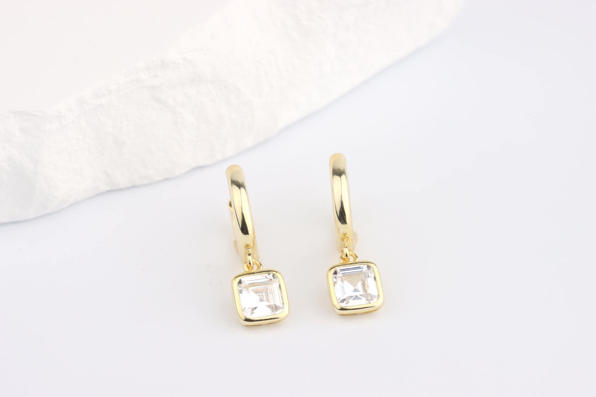 Sterling Silver 925 Gold Plated Hoops with White Square CZ Dropper