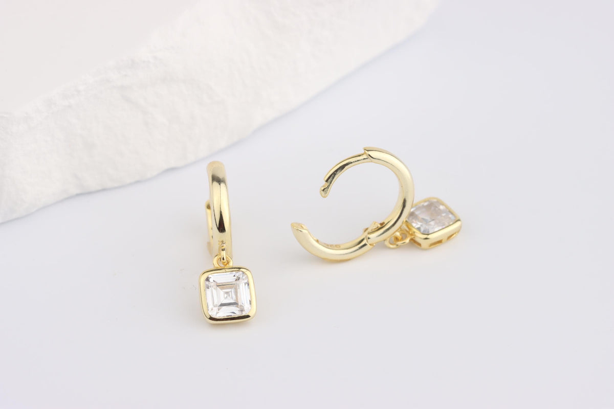 Sterling Silver 925 Gold Plated Hoops with White Square CZ Dropper