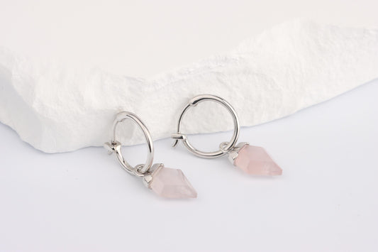 Sterling Silver 925 Rose Quartz Charm Hoop Earrings