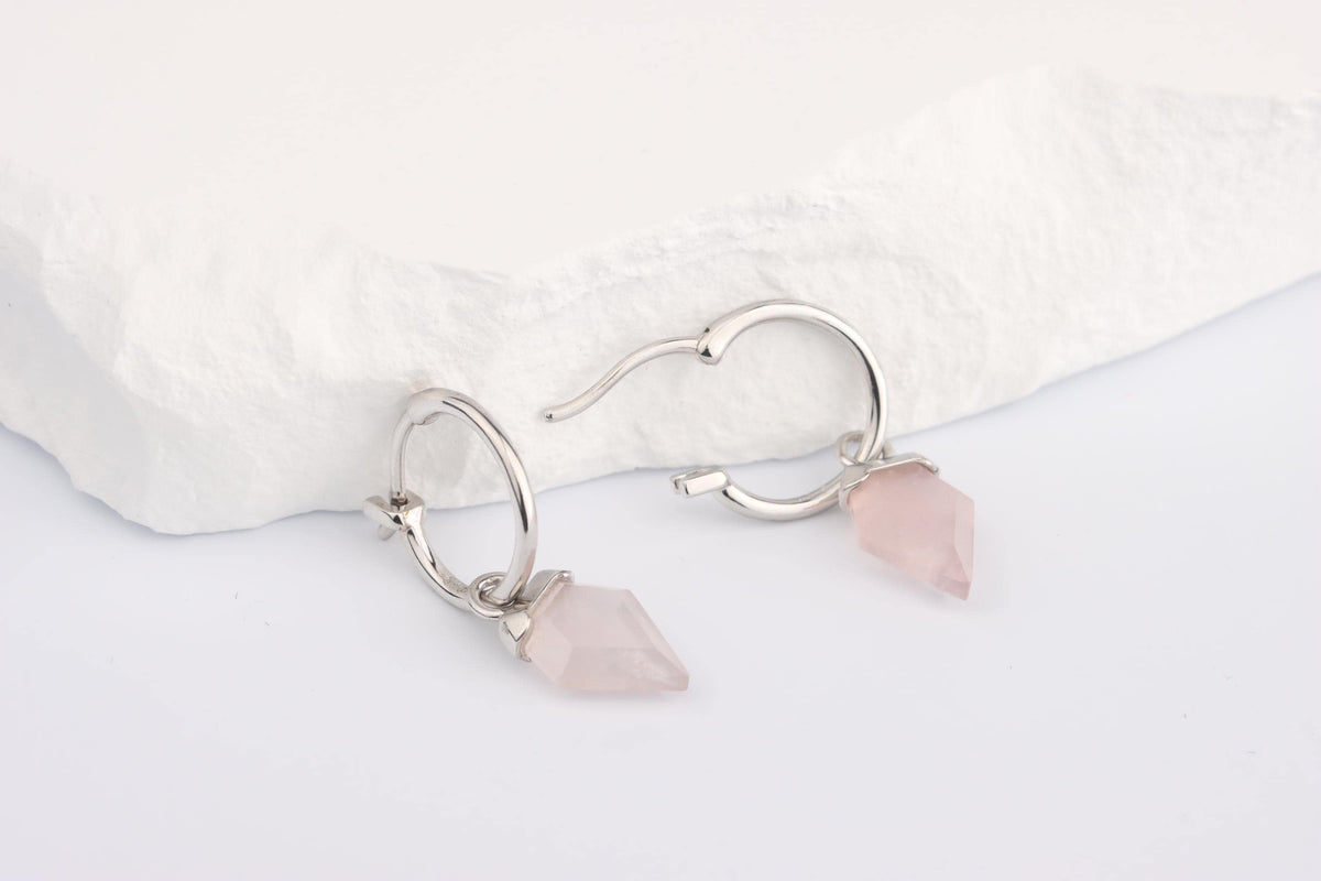 Sterling Silver 925 Rose Quartz Charm Hoop Earrings