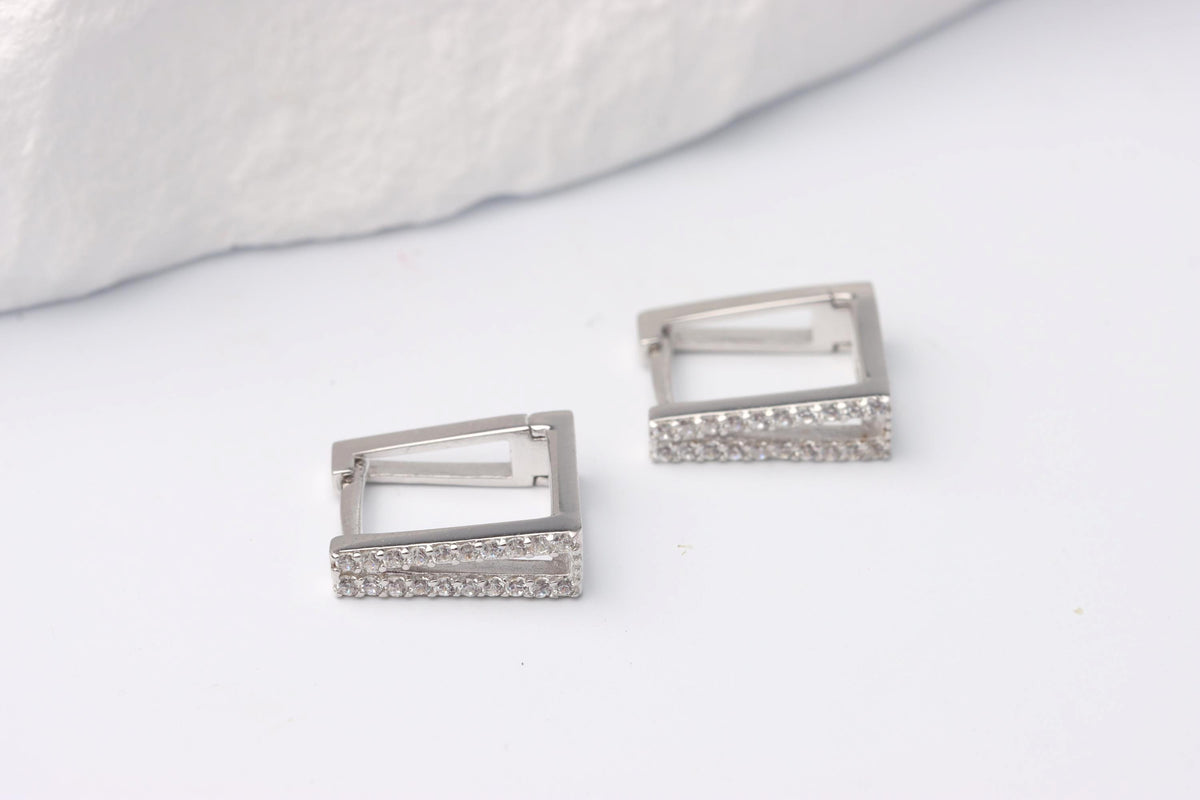 Sterling Silver 925 Square CZ Encrusted Huggie Hoops