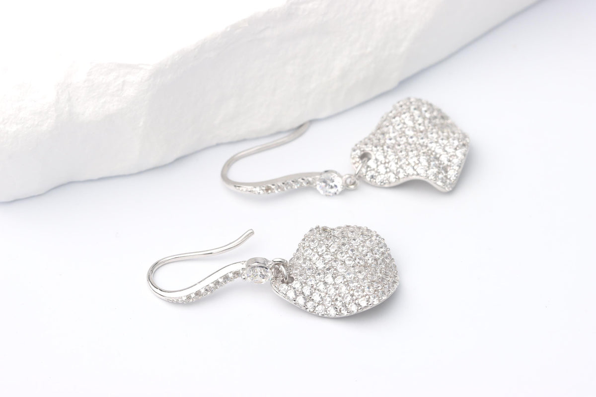 Sterling Silver 925 Pave CZ Set Wavy Dropper Earrings