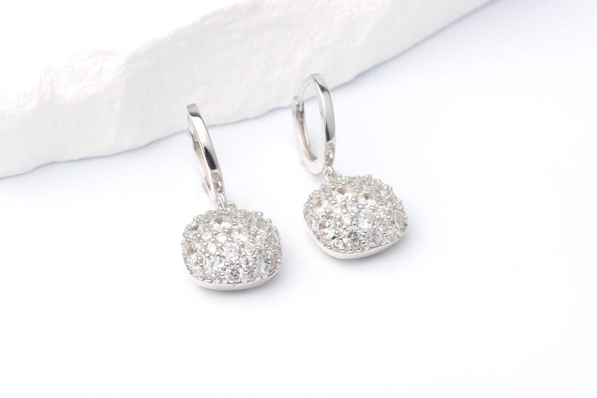 Sterling Silver 925 Pave CZ Set Square Cushion Shape Dropper Earrings