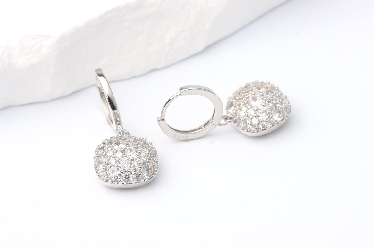 Sterling Silver 925 Pave CZ Set Square Cushion Shape Dropper Earrings
