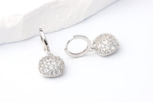 Sterling Silver 925 Pave CZ Set Square Cushion Shape Dropper Earrings