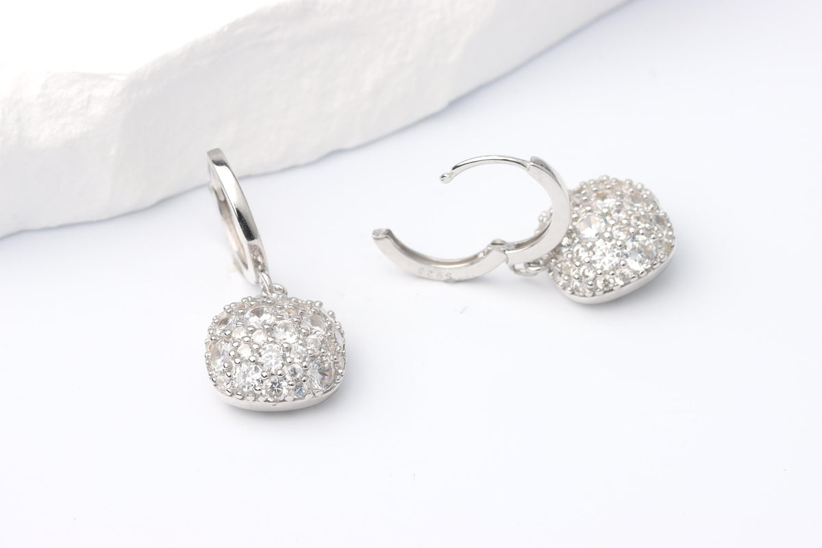 Sterling Silver 925 Pave CZ Set Square Cushion Shape Dropper Earrings