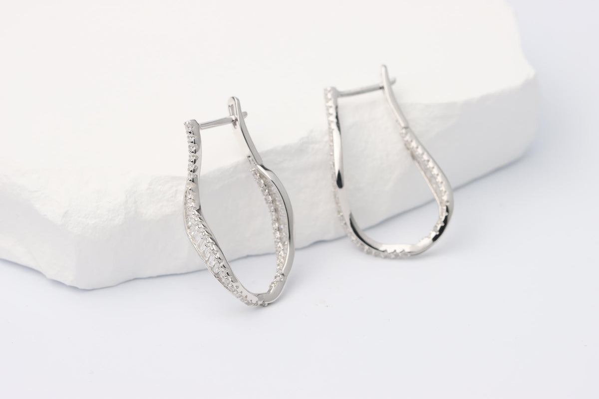 Sterling Silver 925 Wavy Hoop Earrings with Baguette and Round CZs