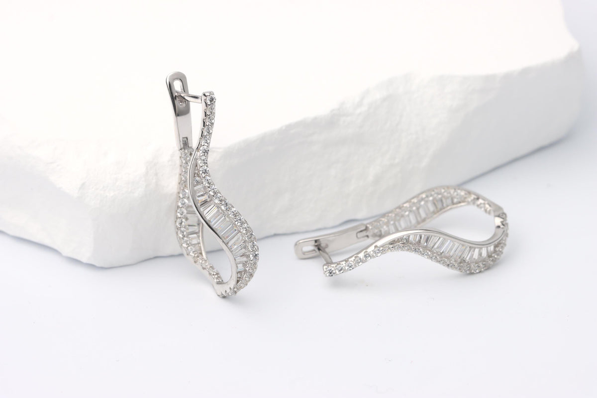 Sterling Silver 925 Wavy Hoop Earrings with Baguette and Round CZs