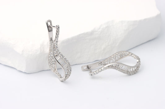 Sterling Silver 925 Wavy Hoop Earrings with Baguette and Round CZs