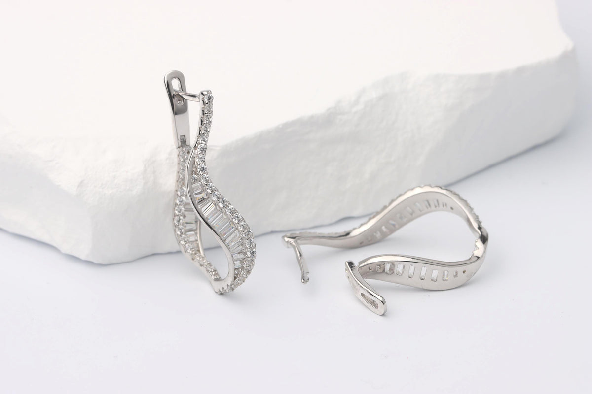 Sterling Silver 925 Wavy Hoop Earrings with Baguette and Round CZs
