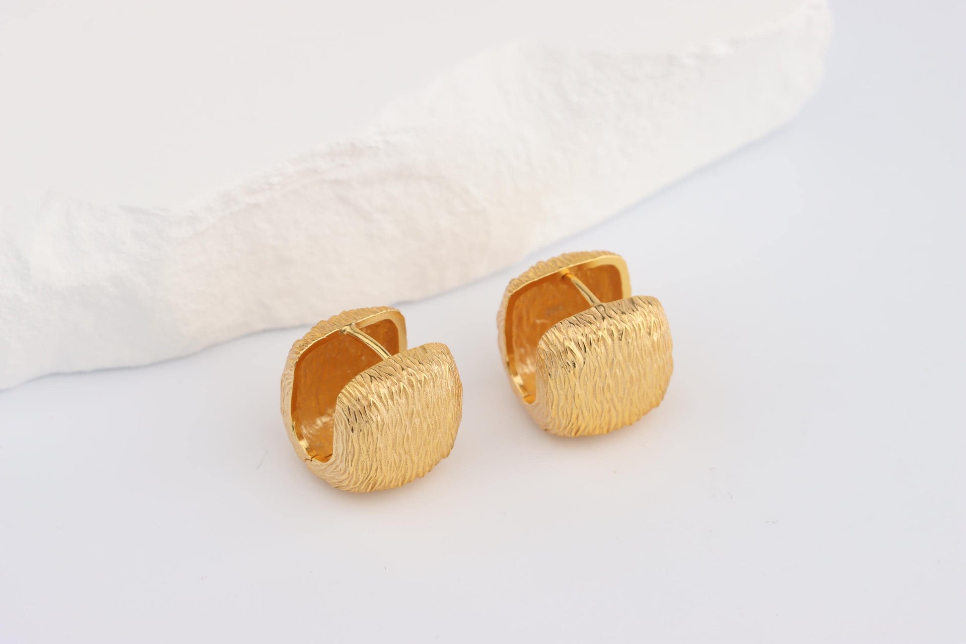 Sterling Silver 925 Gold Plated Textured Brushed Cube Square Hoops Huggies