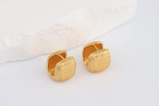 Sterling Silver 925 Gold Plated Textured Brushed Cube Square Hoops Huggies