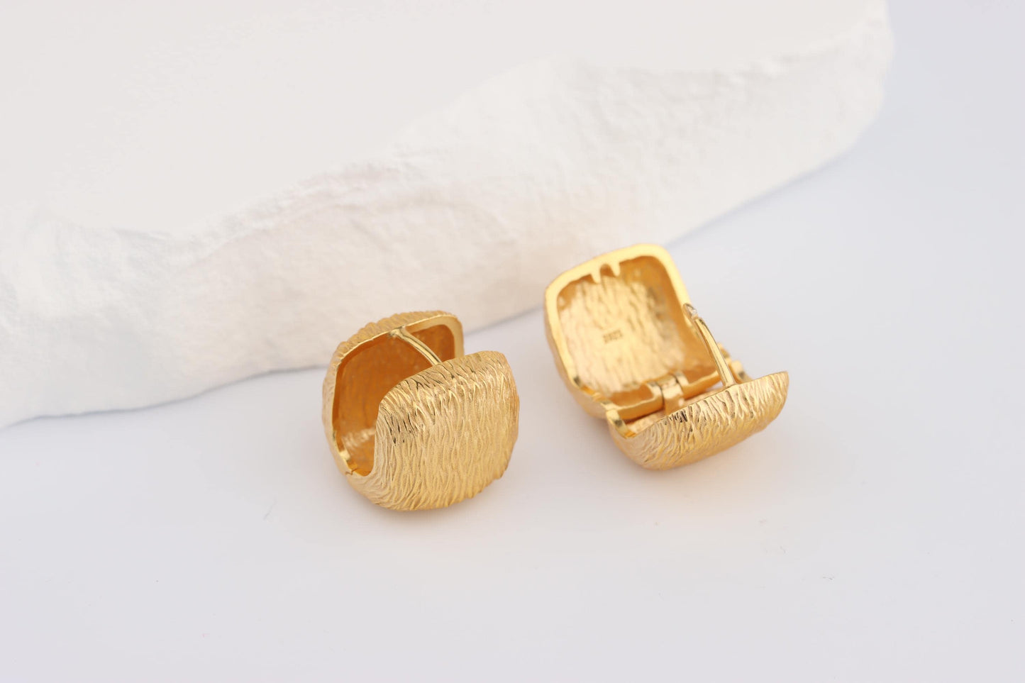 Sterling Silver 925 Gold Plated Textured Brushed Cube Square Hoops Huggies