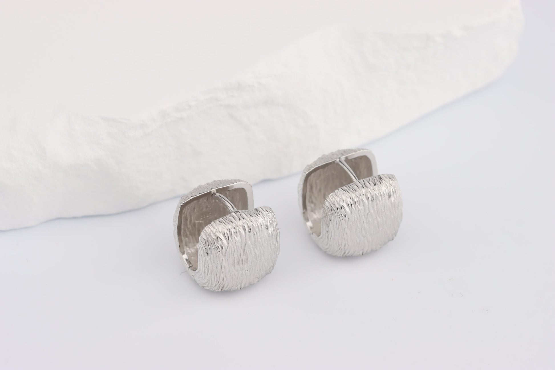 Sterling Silver 925 Textured Brushed Cube Square Hoops Huggies