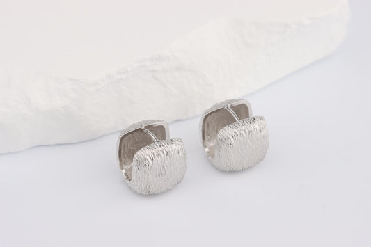 Sterling Silver 925 Textured Brushed Cube Square Hoops Huggies