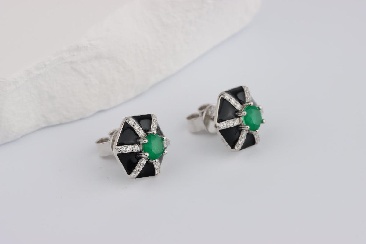 Sterling Silver 925 Black Enamel Hexagonal Studs set with Green and White CZs