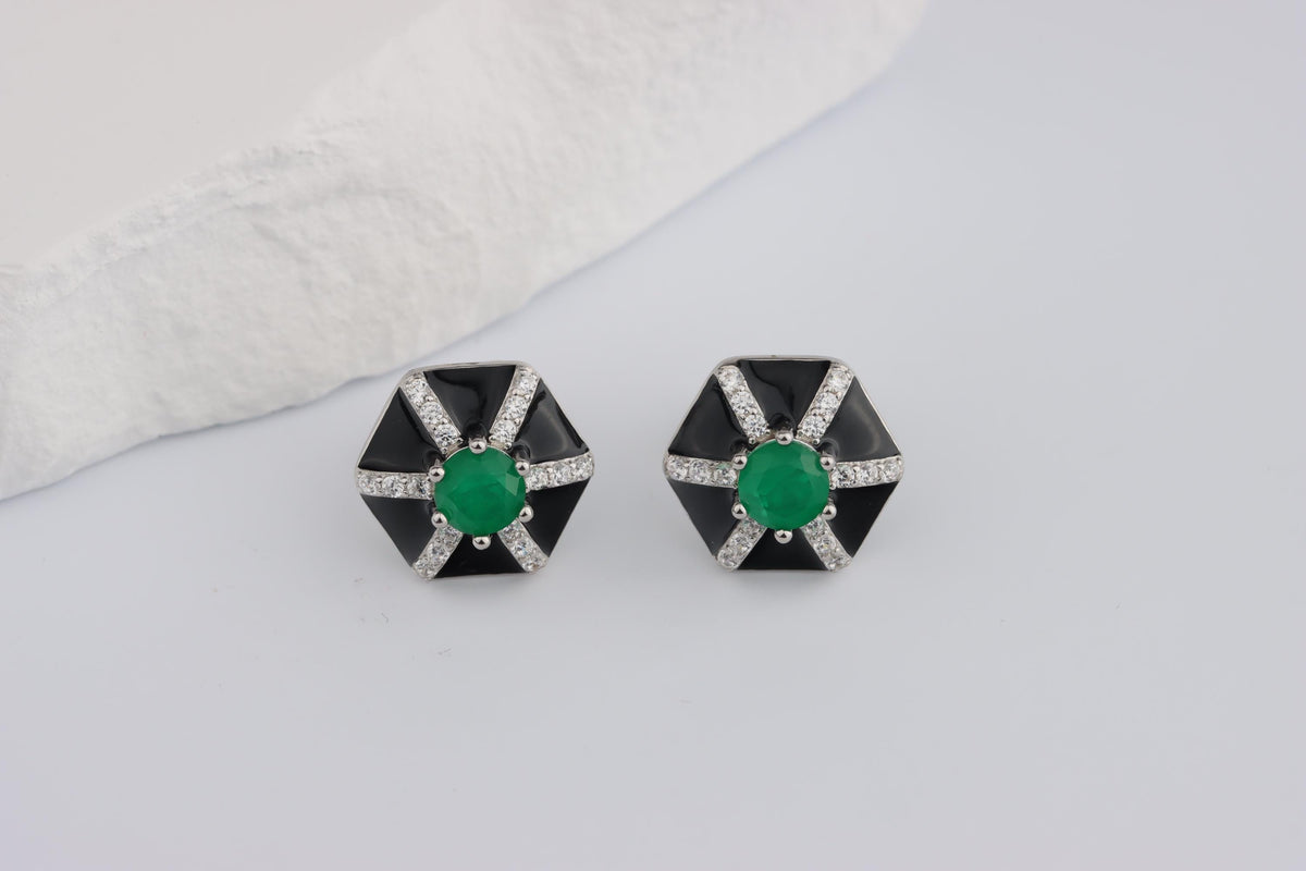 Sterling Silver 925 Black Enamel Hexagonal Studs set with Green and White CZs