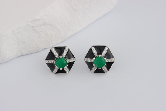Sterling Silver 925 Black Enamel Hexagonal Studs set with Green and White CZs