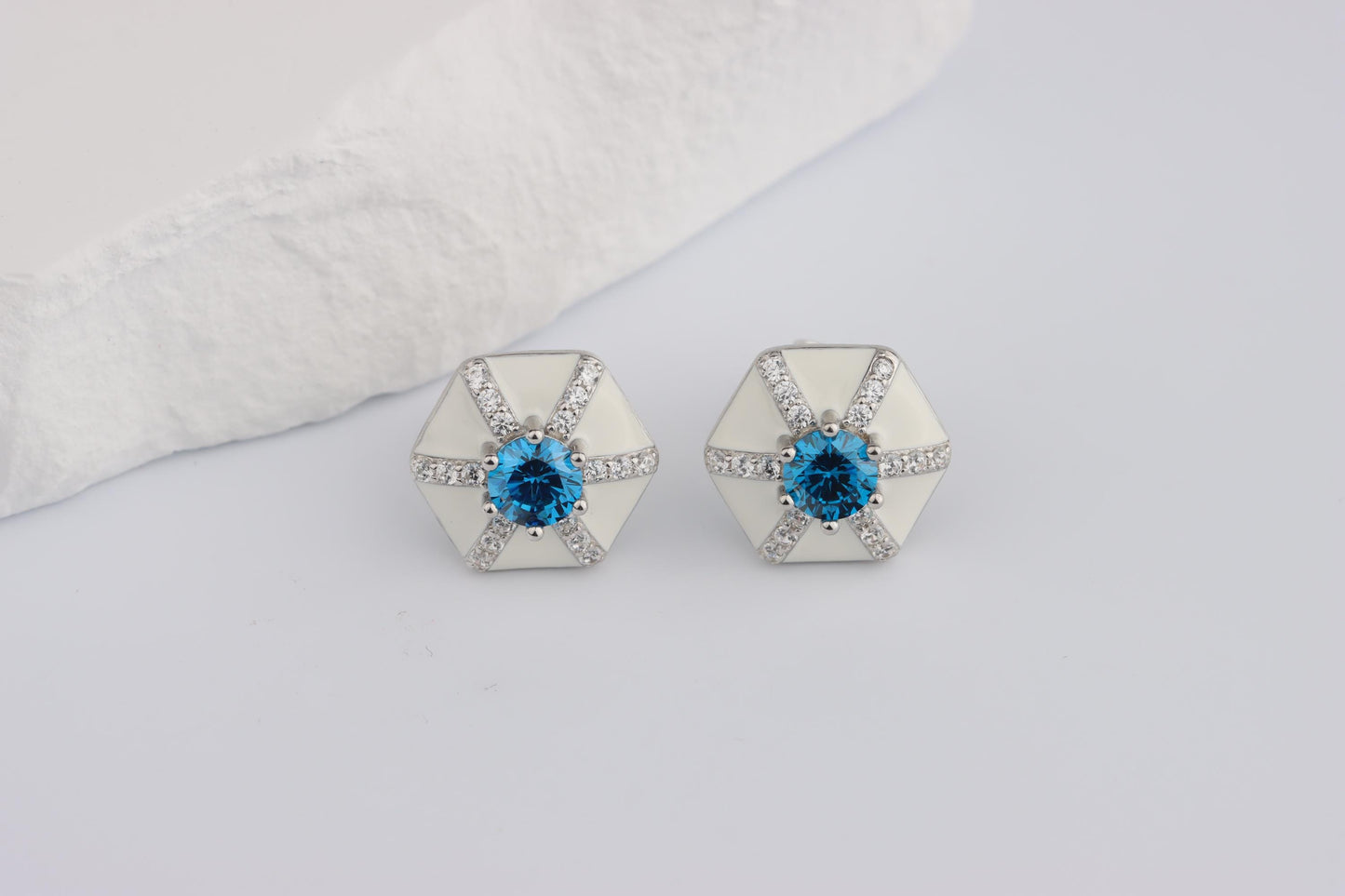 Sterling Silver 925 White Enamel Hexagonal Studs set with Blue and White CZs