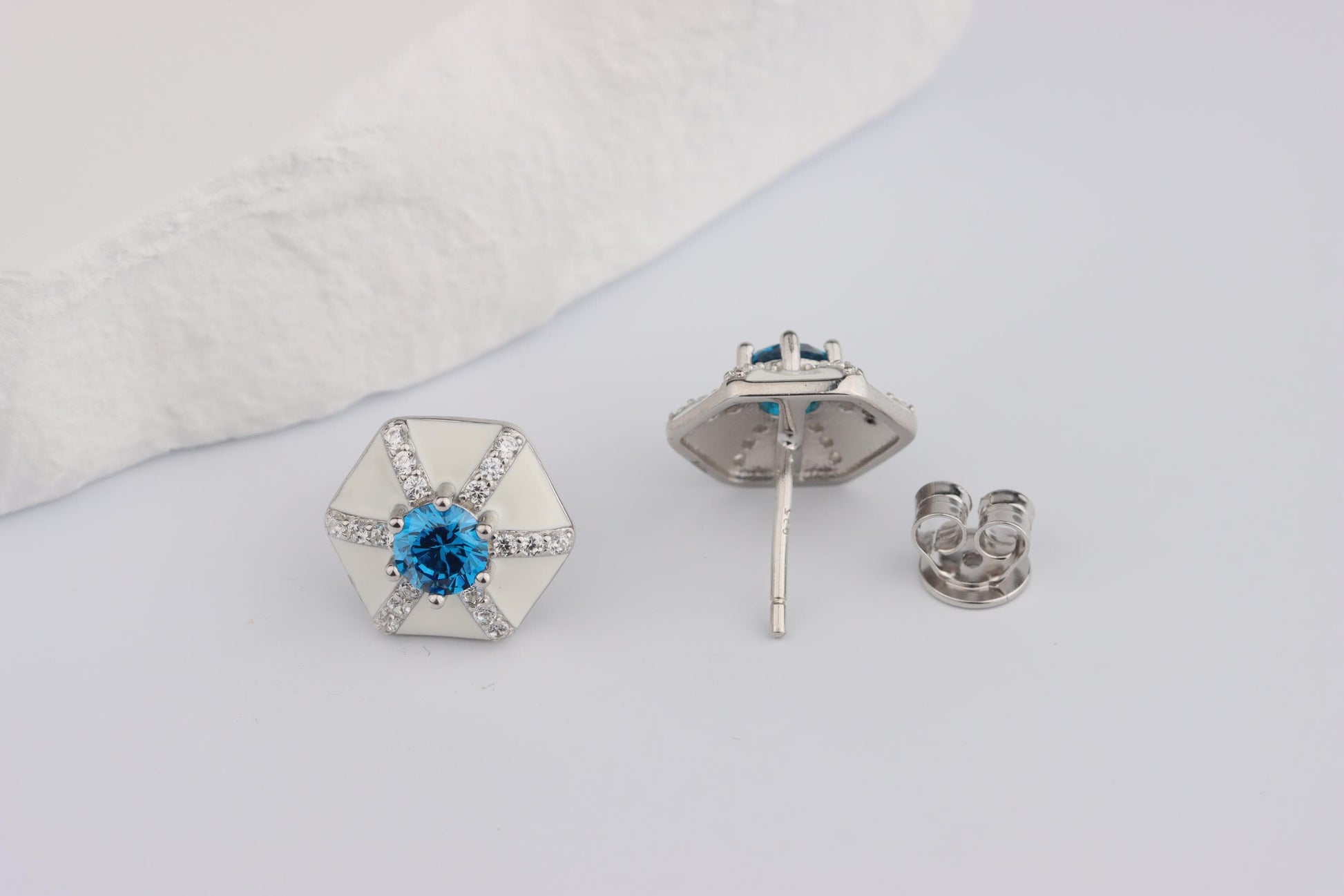 Sterling Silver 925 White Enamel Hexagonal Studs set with Blue and White CZs