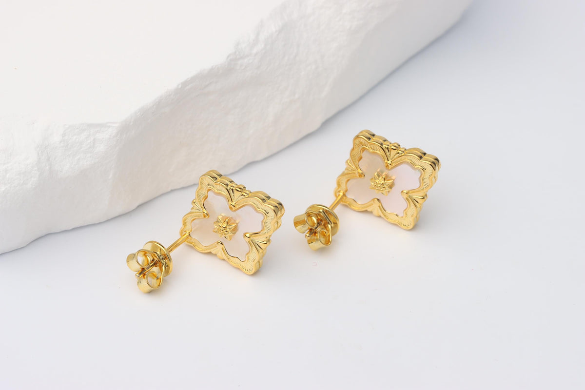 Sterling Silver 925 Gold Plated Renaissance Style Mother of Pearl Studs