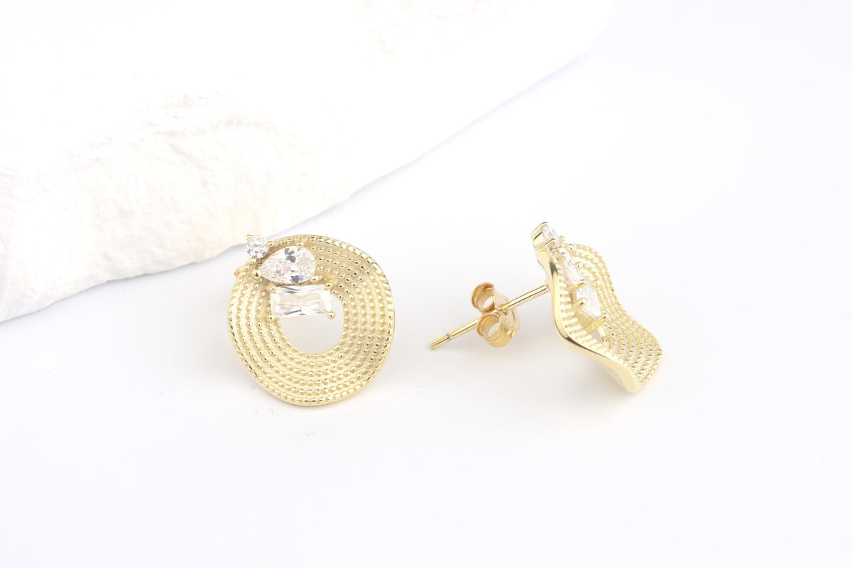 Sterling Silver 925 Gold Plated Textured Open Circle CZ set Stud Earrings