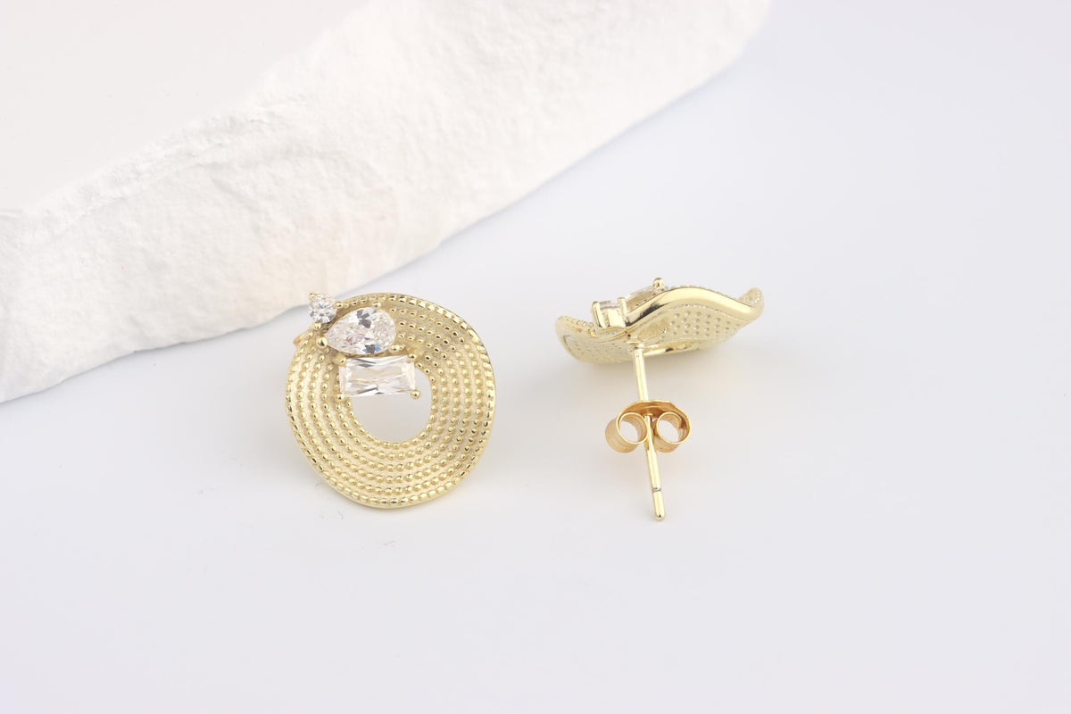 Sterling Silver 925 Gold Plated Textured Open Circle CZ set Stud Earrings