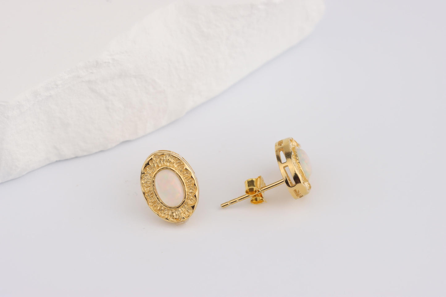 Sterling Silver 925 Gold Plated Textured Oval White Pink Opal Set Studs