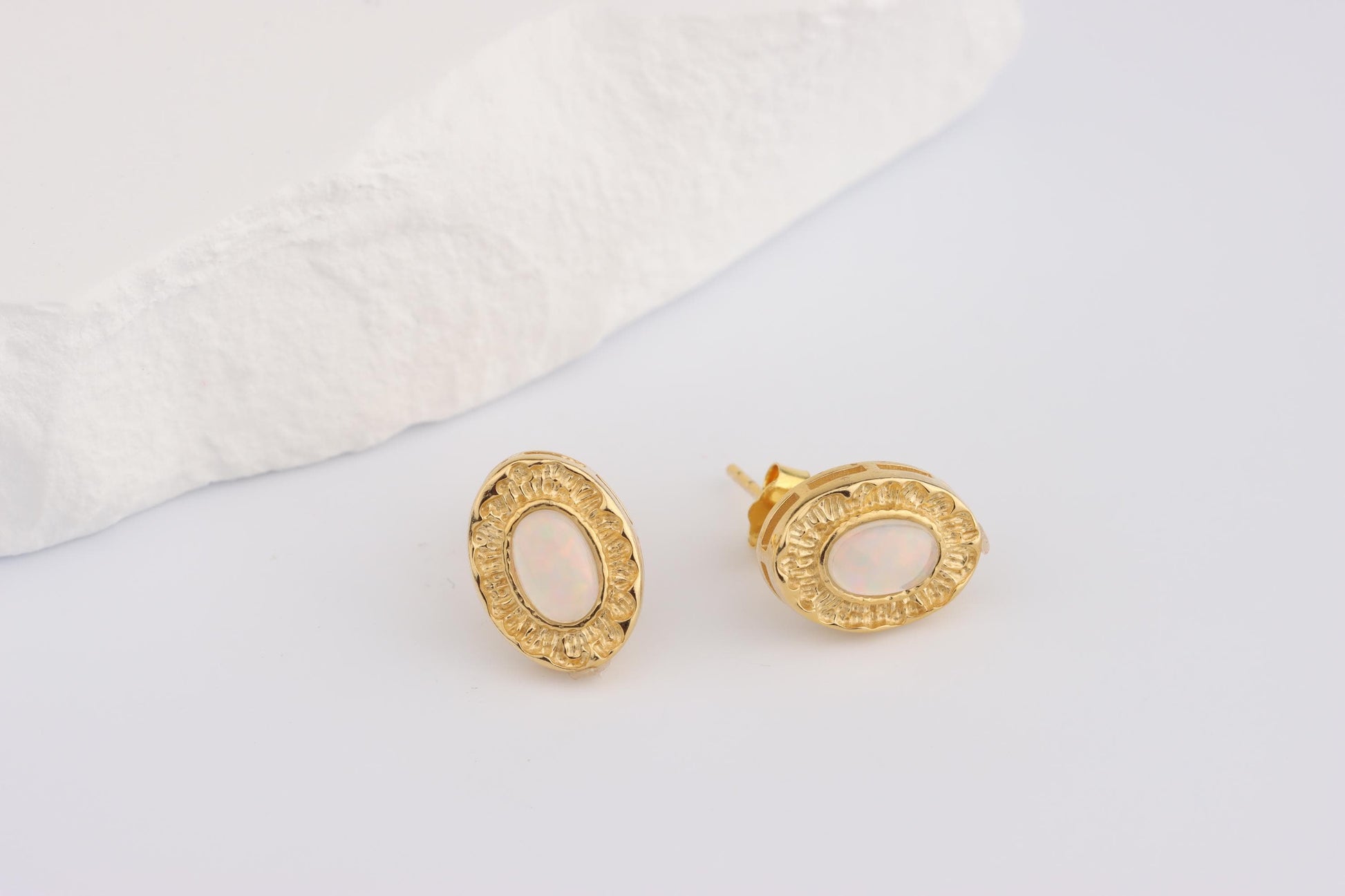Sterling Silver 925 Gold Plated Textured Oval White Pink Opal Set Studs