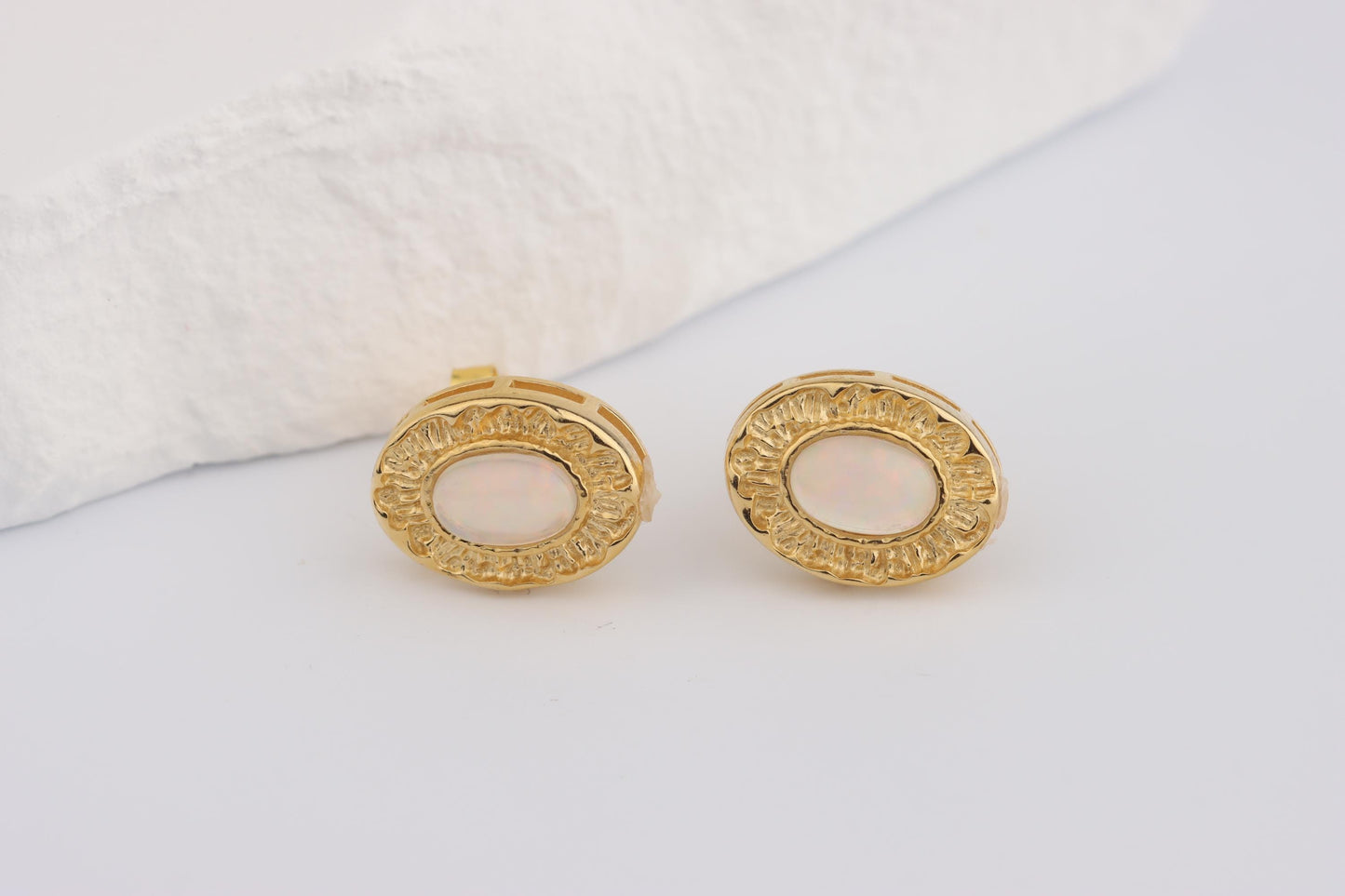 Sterling Silver 925 Gold Plated Textured Oval White Pink Opal Set Studs