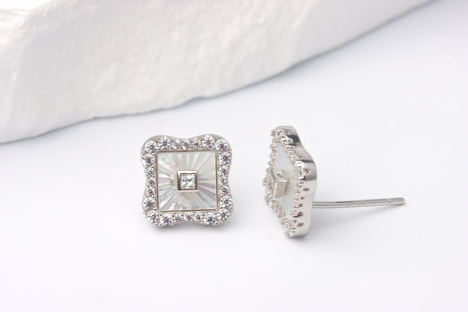 Sterling Silver 925 Square White Mother of Pearl Studs and Halo set CZs