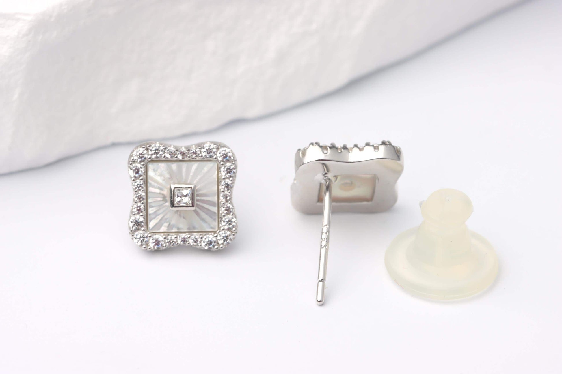 Sterling Silver 925 Square White Mother of Pearl Studs and Halo set CZs