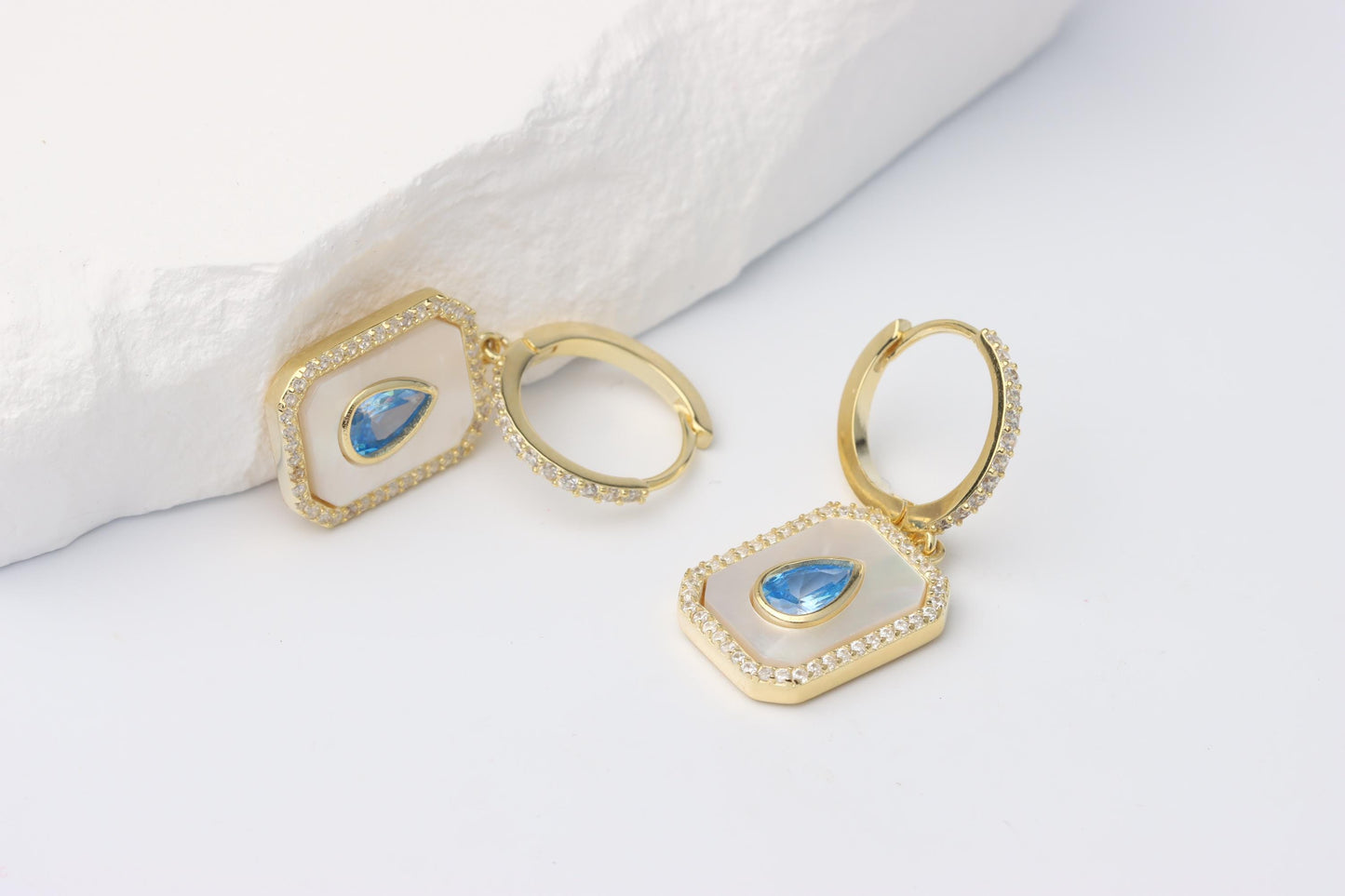 Sterling Silver 925 Gold Plated Rectangular Mother of Pearl and Blue Teardrop CZ