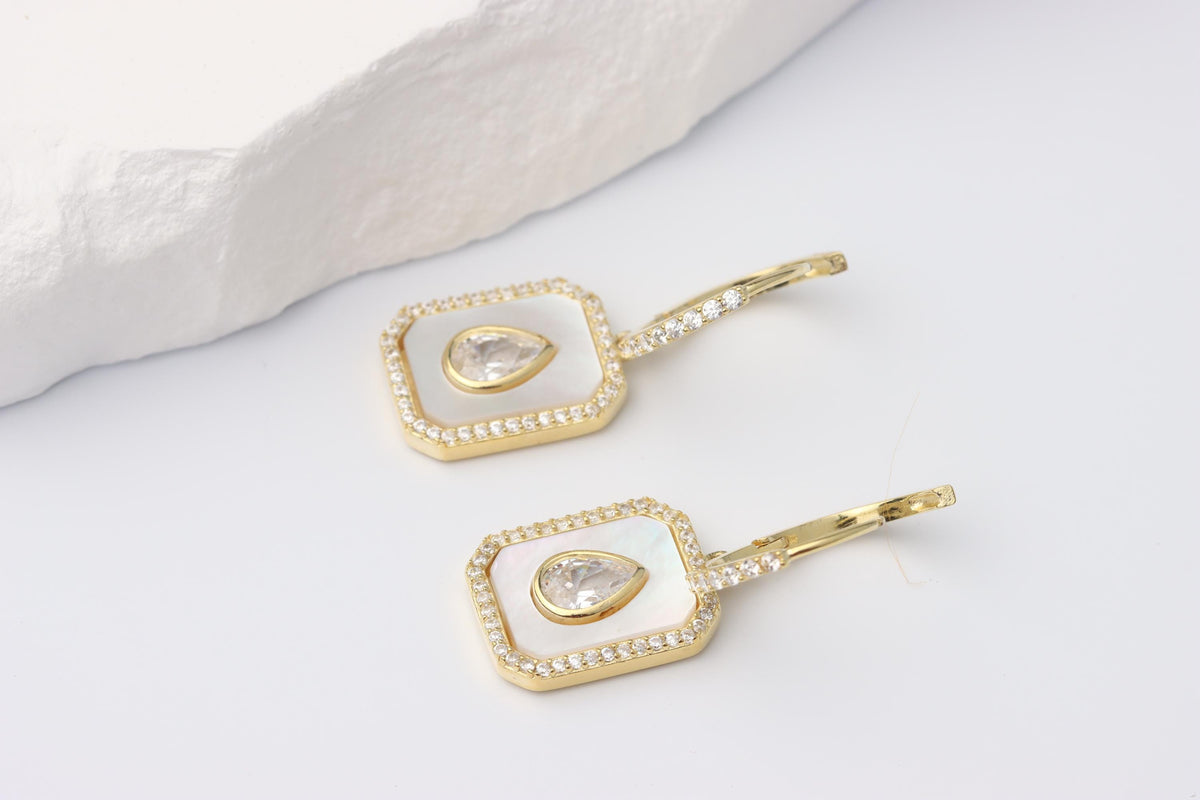 Sterling Silver 925 Gold Plated Rectangular Mother of Pearl and White Teardrop CZ
