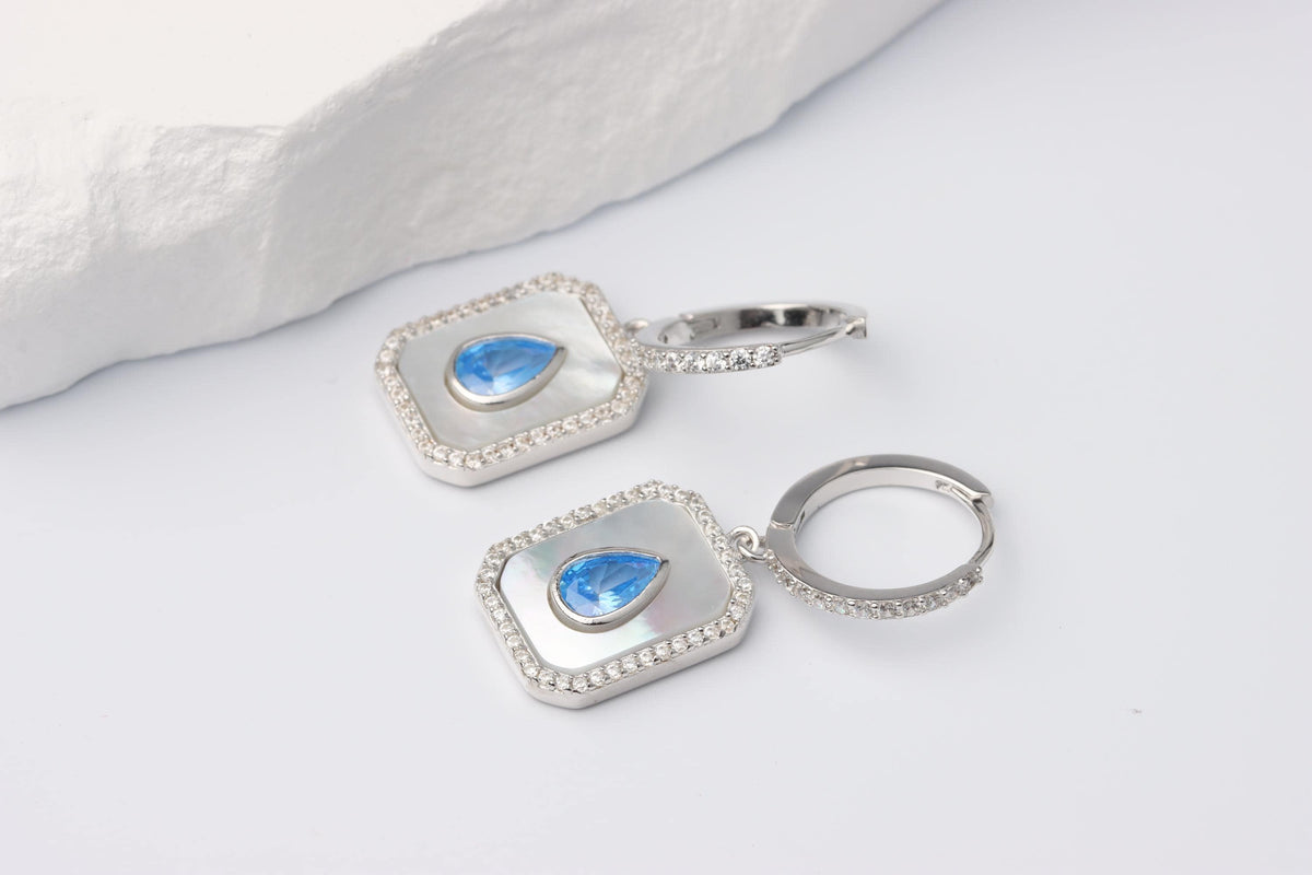 Sterling Silver 925 Rectangular Mother of Pearl and Blue Teardrop CZ