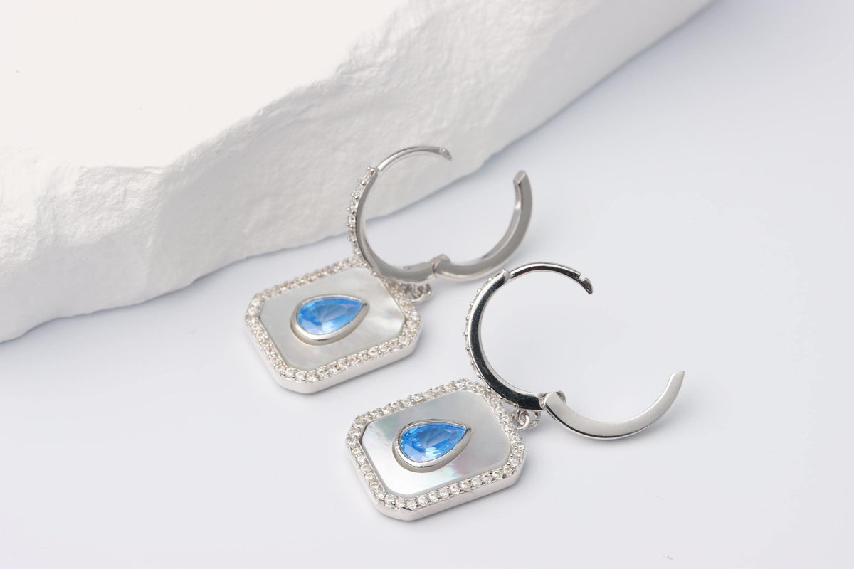 Sterling Silver 925 Rectangular Mother of Pearl and Blue Teardrop CZ